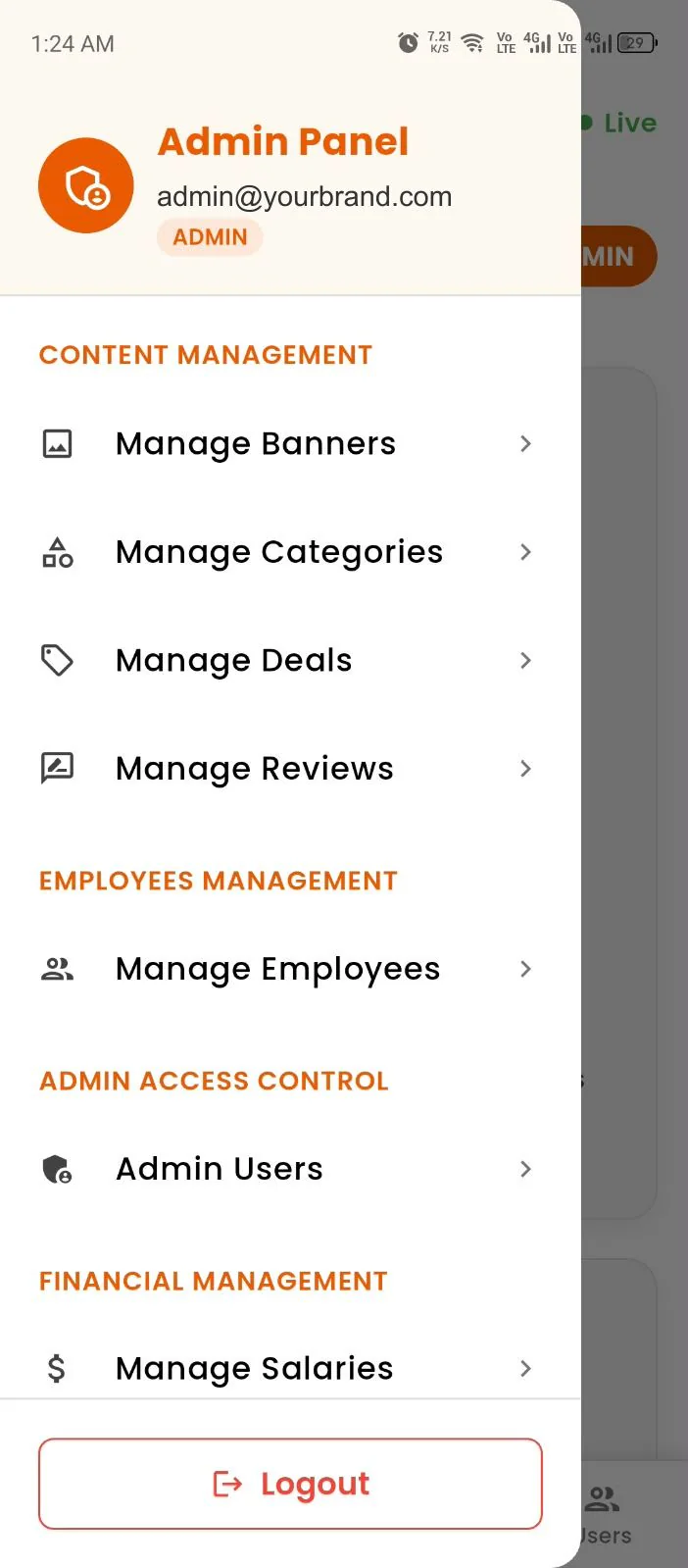 Admin app screens — Content & staff