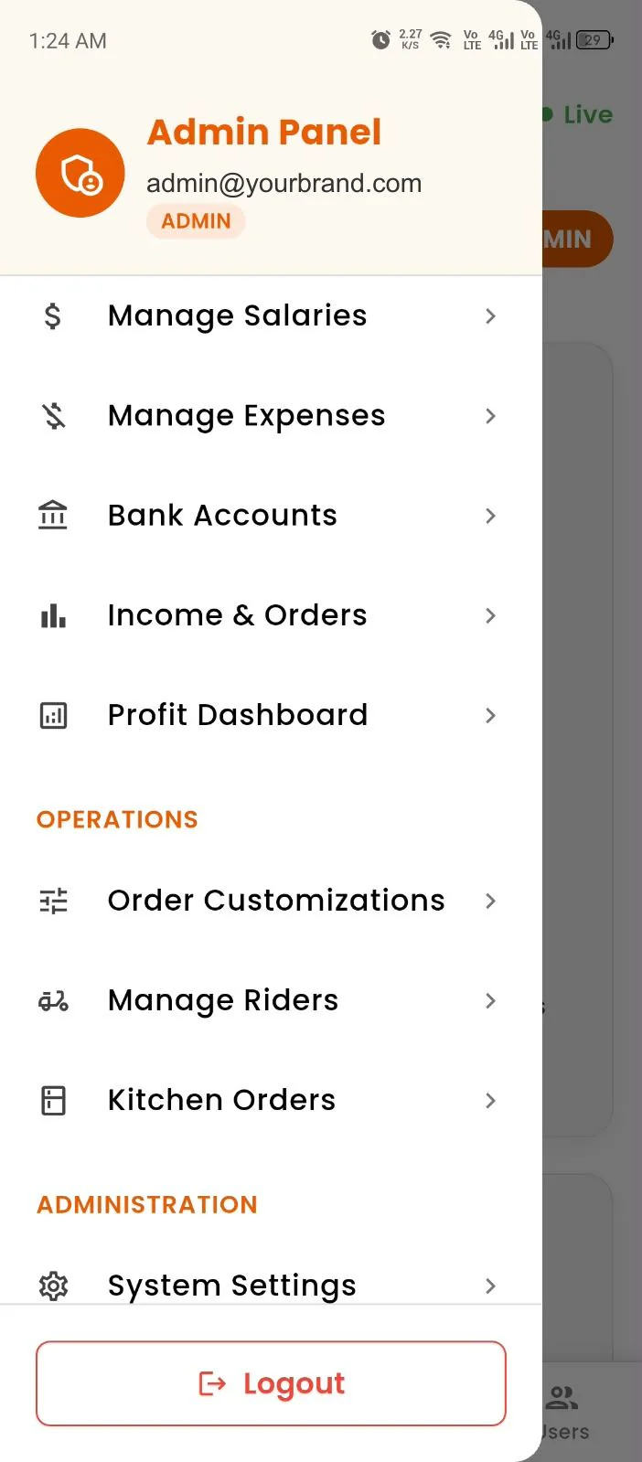 Admin app screens — Finance & operations