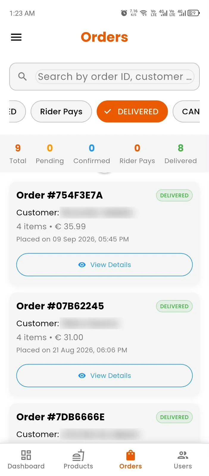 Admin app screens — Orders