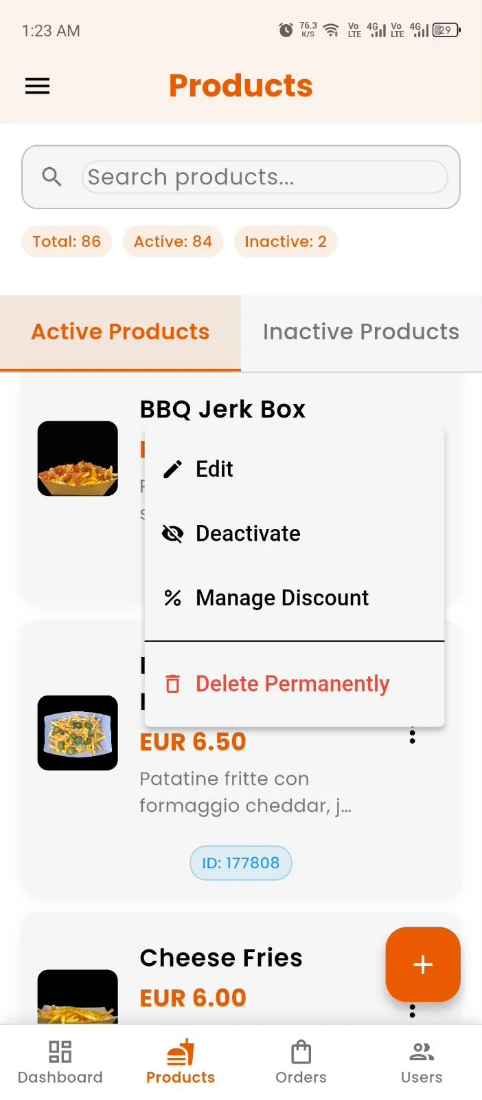 Admin app screens — Products